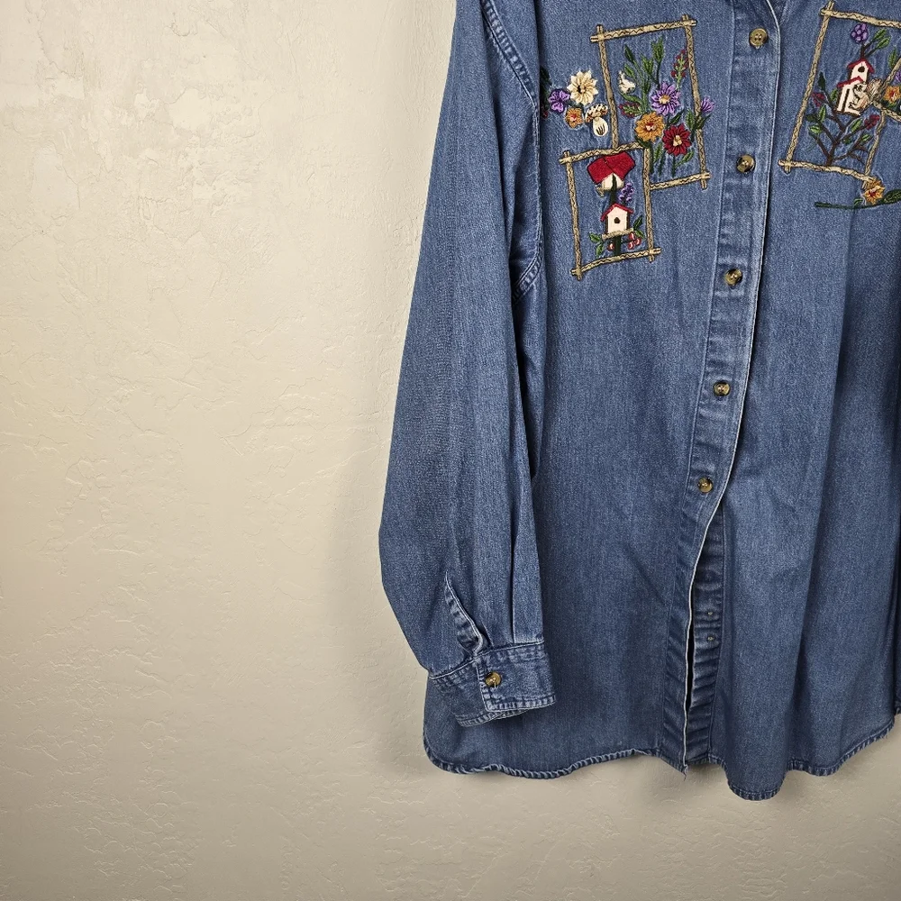Victoria Jones Woman Denim Chambray Birdhouse Birds Grannycore Vtg Shirt XXL - Picture 9 of 14